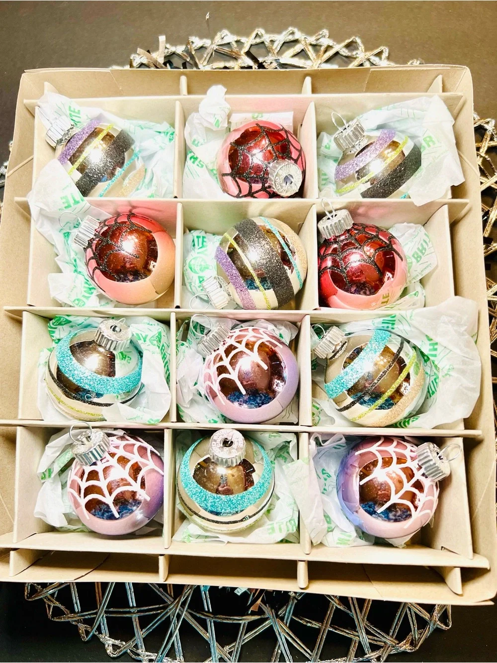 12 Radko Halloween Glass Ball Ornaments Glitter Stripes Pastel Pink Lilac Blue